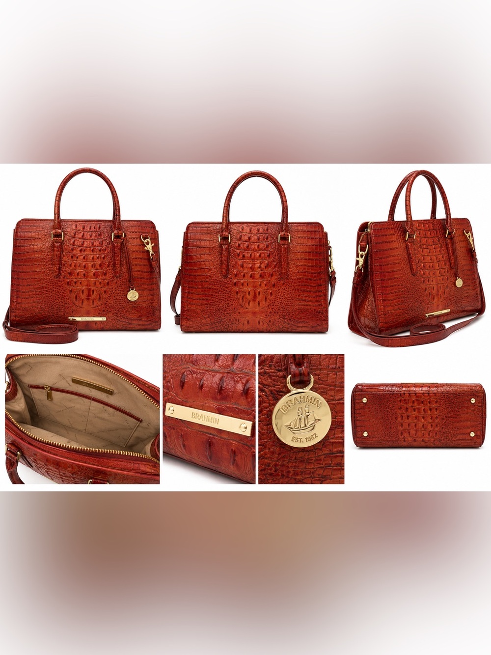New Without Tags Brahmin Red Croc Embossed Leather Satchel Handbag